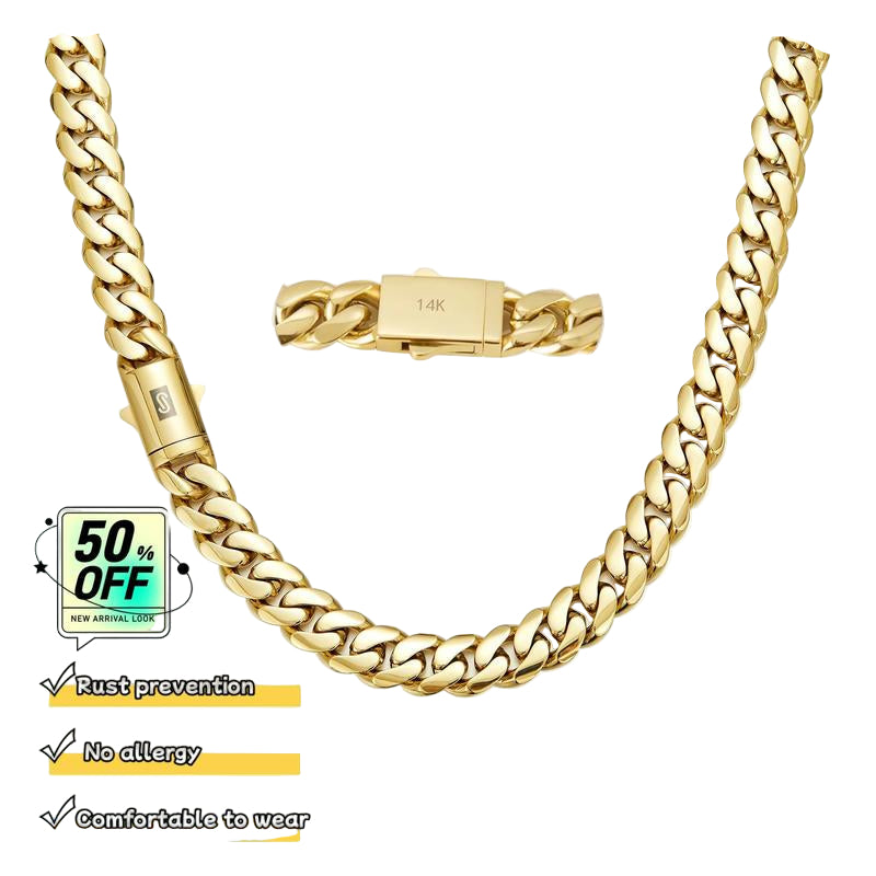 14K Gold-Plated Cuban Necklace/Bracelet Brand New "S" Logo Design| the Latest Electroplating Gold-Plating Process for Rust Prevention| Miami Hip-Hop Style Fashion Items| the Best Gift for Men and Women| Couples' Style| 8Mm/10Mm/12Mm/14Mm