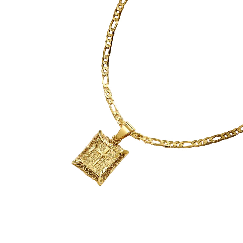KISSYAN Gold Cross Necklace for Men Women, 14K Gold Plated Figaro Chain with Rectangular Religious Pendant, Faith Jewelry Gift