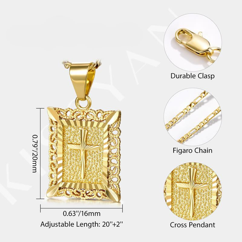 KISSYAN Gold Cross Necklace for Men Women, 14K Gold Plated Figaro Chain with Rectangular Religious Pendant, Faith Jewelry Gift