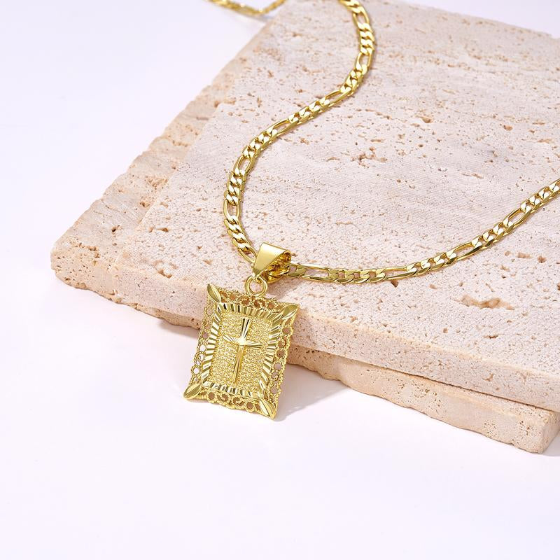 KISSYAN Gold Cross Necklace for Men Women, 14K Gold Plated Figaro Chain with Rectangular Religious Pendant, Faith Jewelry Gift