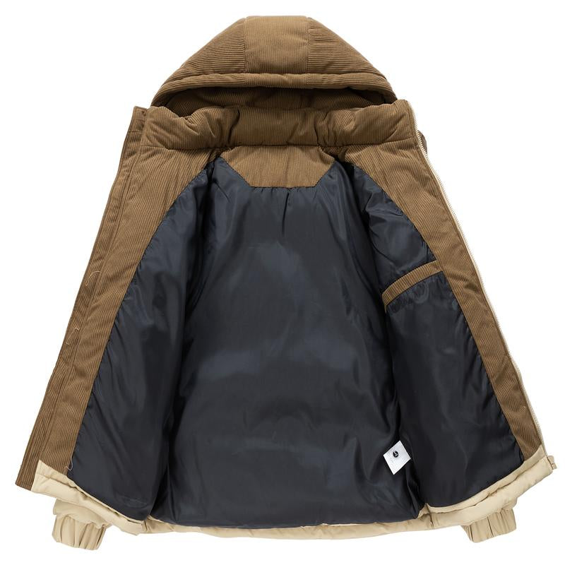 Winter Hooded Casual Fleece-Lined Men'S Coat,Removable Hood,Warm Color-Blocked Cotton Jacketcouples' Style Winter Cotton Coat, Outerwear Top.