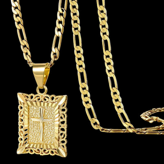 KISSYAN Gold Cross Necklace for Men Women, 14K Gold Plated Figaro Chain with Rectangular Religious Pendant, Faith Jewelry Gift