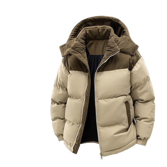 Winter Hooded Casual Fleece-Lined Men'S Coat,Removable Hood,Warm Color-Blocked Cotton Jacketcouples' Style Winter Cotton Coat, Outerwear Top.